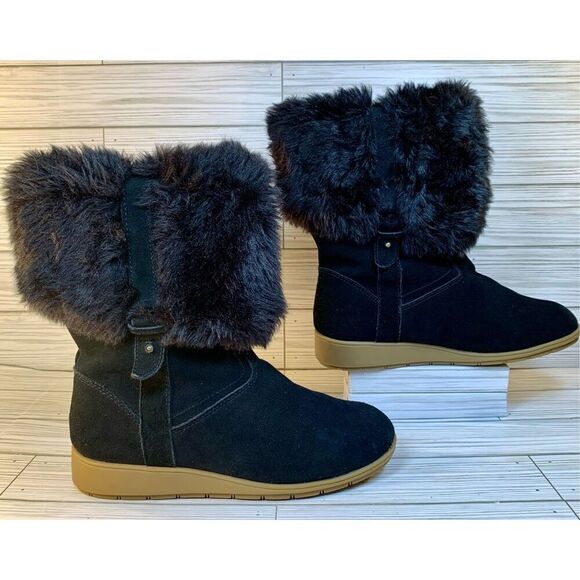 Lands End Mendota Tall Boots Black Suede W/ Faux Fur S:6.5 - Picture 3 of 8